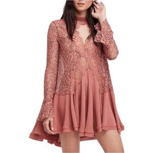 Free People Dusty Mauve Pink Tell Tale Lace Long Sleeve Dress/Tunic Size XS NWT